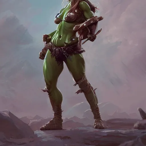 Image similar to a full character portrait of a toned physique green orc woman with a ponytail in full plate armor, by greg rutkowski, wlop, trending on artstation