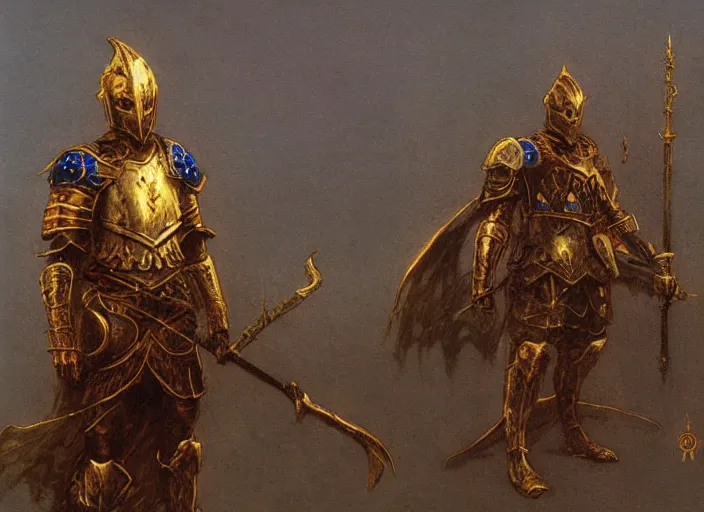 Image similar to royal knight in golden sun armor concept, by beksinski, dark soul concept art