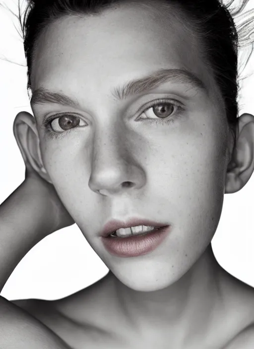 Image similar to portrait of beautiful female tom holland by mario testino, headshot, detailed, award winning, sony a 7 r