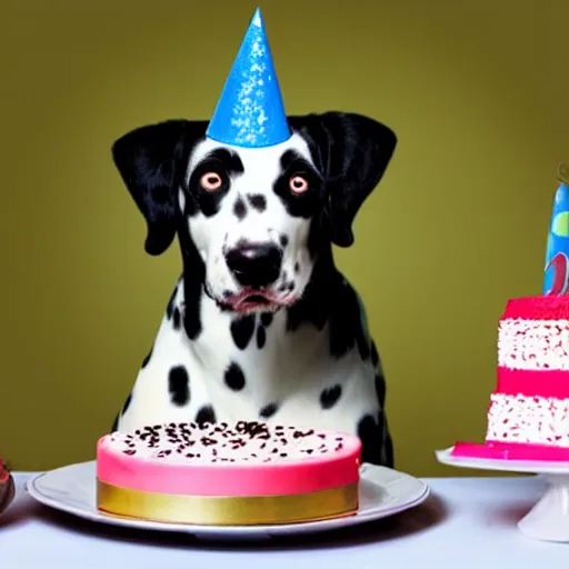 Prompt: photo of dalmatian dog with a birthday cake,