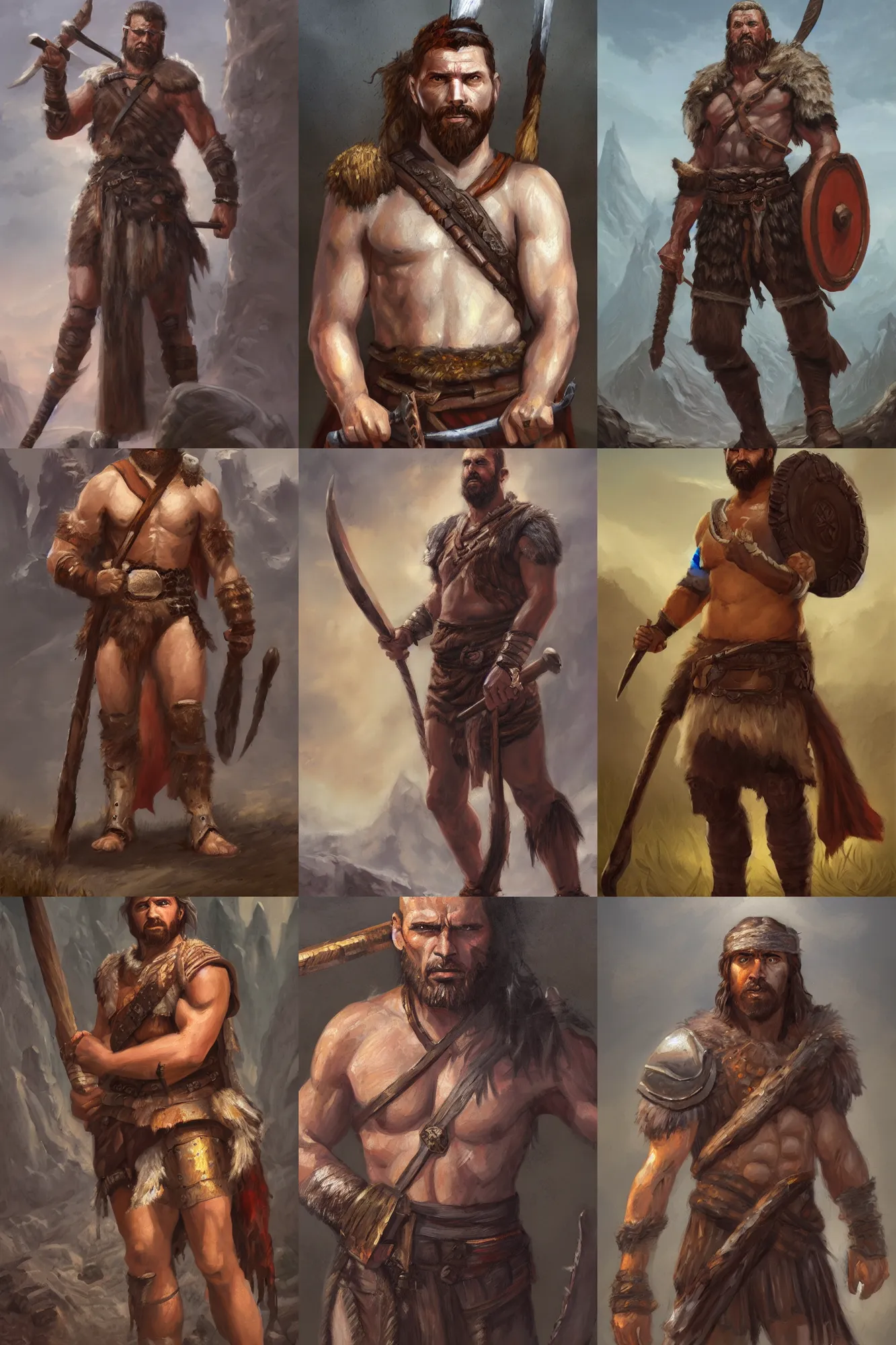 Prompt: a full body fantasy portrait oil painting illustration of a single stoic barbarian man by Justin Sweet with face and body clearly visible, d&d, rpg, forgotten realms, artstation trending, high quality, pupils visible, sombre mood, artstation trending, muted colours, no crop, entire character,
