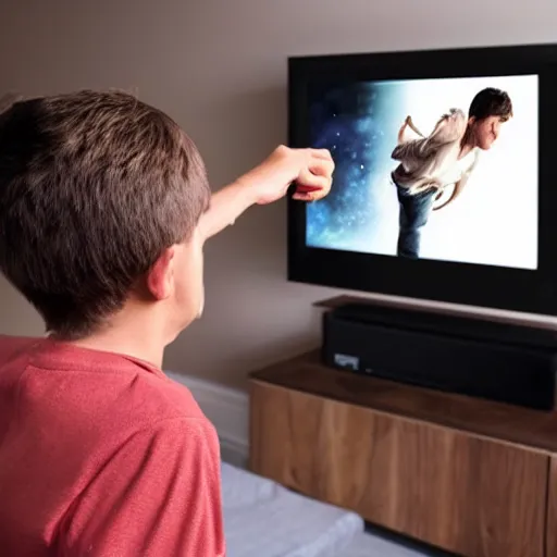 Prompt: a young man with brown hair reads a message on his TV and is super happy, and dancing on the ceiling, because he gets free Xbox game upgrades on his computer, realistic photo