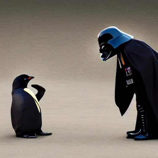 Prompt: darth vader talking with a penguin