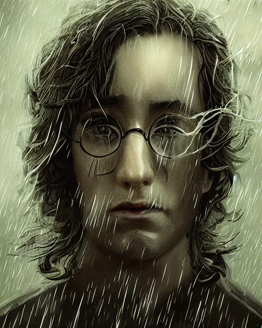 Prompt: a highly detailed portrait of Harry Potter, wispy tendrils of smoke, head and shoulders portrait, intricate detail, digital painting, old english, raining, sepia, particles floating, whimsical background by marc simonetti, artwork by ross tran + ramond swanland + liam wong