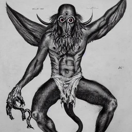 Prompt: Pazuzu He stands on two legs and has human arms ending in claws, with two pairs of wings, a scorpion's tail, pazuzu, a snake that emerges from between his legs in front, and a horned, bearded head with bulging eyes and snarling canine mouth swirls of black gouache, hopeless grey, and a daub of cold blue, intricate, highly detailed, digital painting, pazuzu, artstation, concept art, smooth, sharp focus, illustration, Unreal Engine 5, 8K, art by artgerm and greg rutkowski and alphonse mucha, fantasy epic digital art, epic fantasy card game art pazuzu