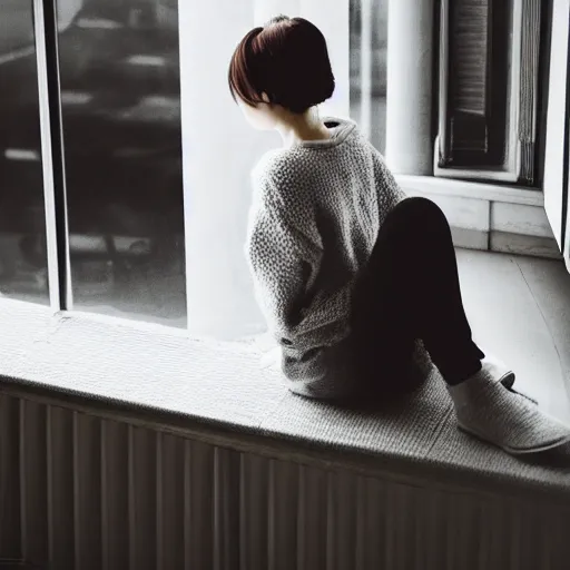 Image similar to a woman sitting on a window sill looking forward out the window, hands on cheeks, grey sweater, a stock photo by chen jiru, tumblr, aestheticism, movie still, pretty, pixiv