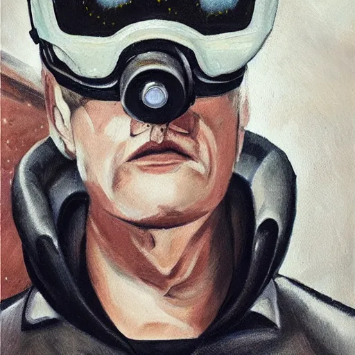 Image similar to square - jawed emotionless serious blonde woman starship engineer, tribal tattoos, handsome, short slicked - back hair, sweating, uncomfortable and anxious, looking distracted and awkward, wearing victorian dark goggles, flight suit and gloves, small spacecraft in background, highly detailed, oil painting