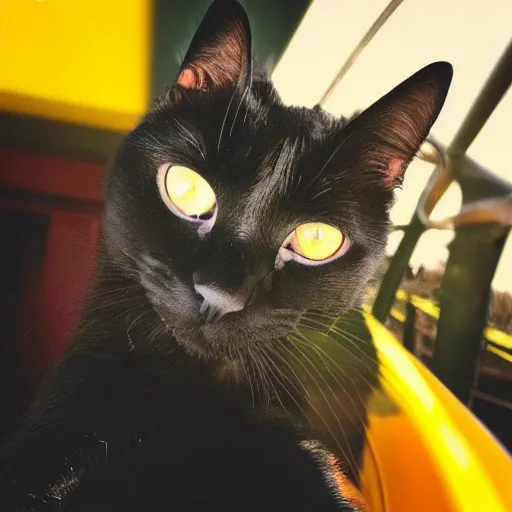 Image similar to black cat in a rollercoaster. the cat is enjoying the ride. sunlight. polaroid photo. saturated colors. selfie