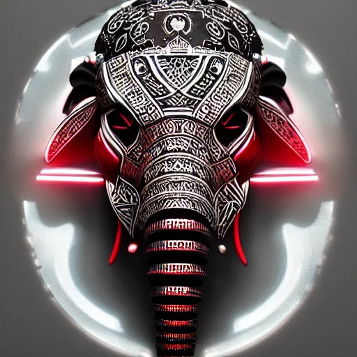 Prompt: futuristic elephant head, symmetrical, intricate black shaman ornaments, black oak patterns, iridescent reflection, mask big, mech mask, robotic ganesha head, mecha - elephant, white backround, graphic design, black white greys and red color, subsurface scattering, cyberpunk, unreal engine, octane render, imagined by devarshy