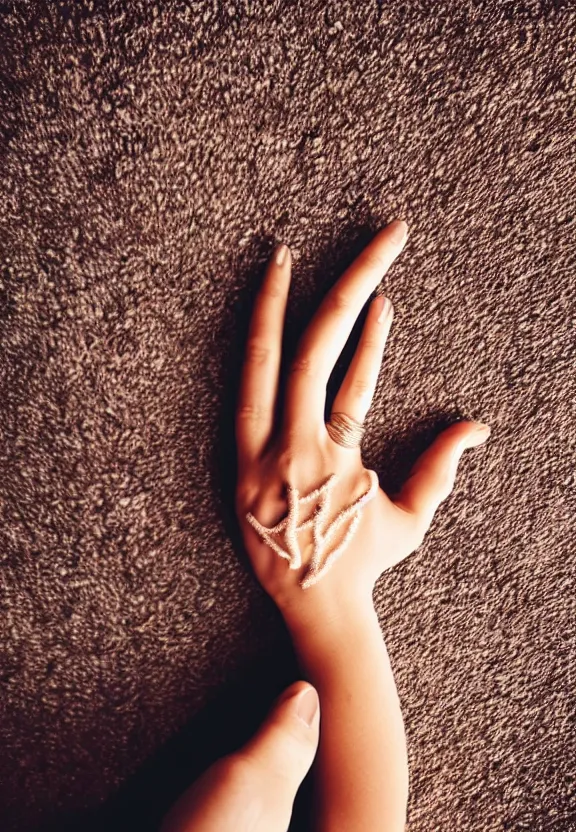 Image similar to an instagram photo of one ultra detailed woman's palm held against the floor, instagram photo, studio photo