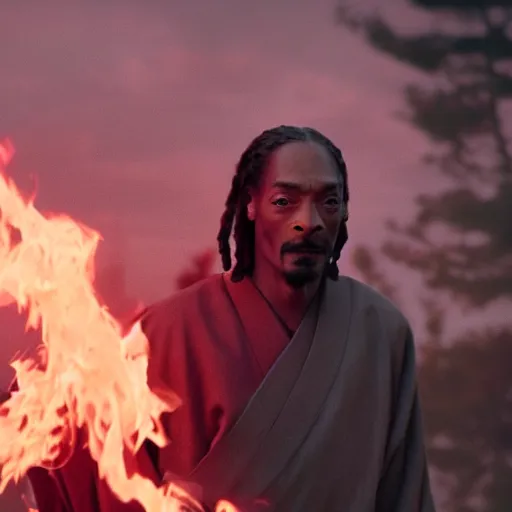 Prompt: cinematic film still of Snoop Dogg starring as a Samurai holding fire, CGI, VFX, 2022, 40mm lens, shallow depth of field, film photography