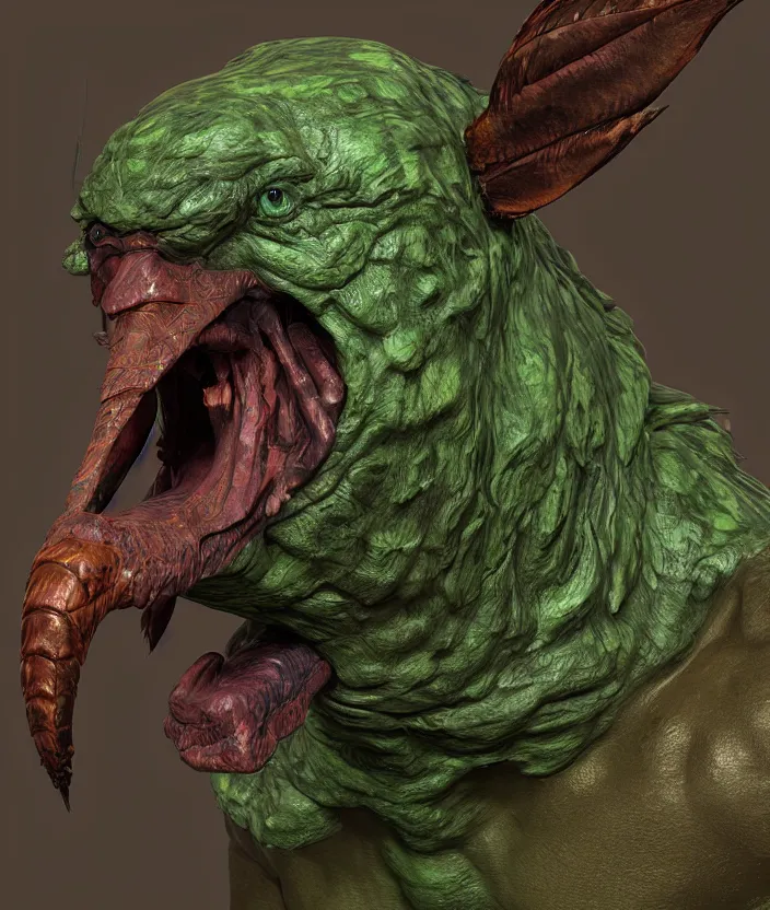 Prompt: a high poly render sculpt portrait of an ork in a dark forest, muscles normal map creature made of doglike class aves skin veins merged anaconda, bump map strangled by plastic wrap bower bird creature wrinkles pheasant, ivy complex feathers exotic morphing hoopoe, zebra morphing wings king vulture head