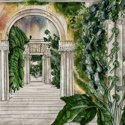 Image similar to delicate marble garden on paper floating puffy vines botanical herbarium botanic watercolors coastline iridescent 8 k wide angle realistic shaded fine details, artstation italian rainbow colonnade oak pinecone gardena architecture pompeii boundary wall