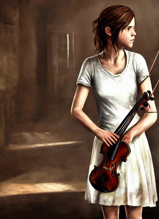 Image similar to ellie from the last of us in a white dress playing the violin on stage. hyperrealistic oil painting, 4k, very detailed faces, art station