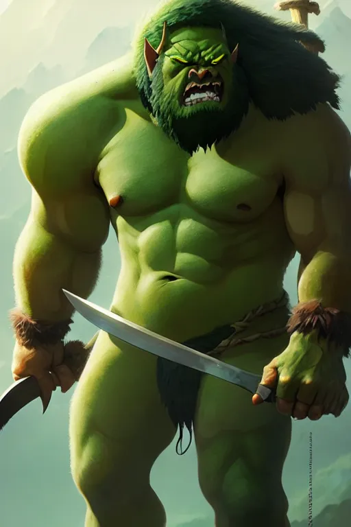 Image similar to orc barbarian male, green skin, exquisite details, big axe, earth magic, mid view, design on a white background, by studio muti, greg rutkowski makoto shinkai takashi takeuchi studio ghibli