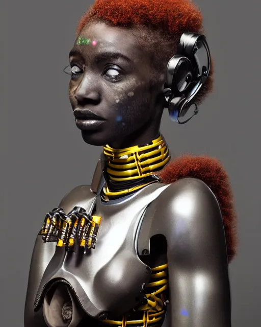 Image similar to beautiful afrofuturistic himba woman holding her helmet, otjize, led detailed spacesuit, himba hairstyle, robotic arms, hyperrealistic, scifi, retouched photograph, dark, muted colors