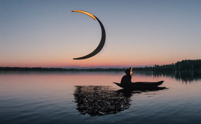 Prompt: a banana shaped crescent moon rising over a lake, stunning photography