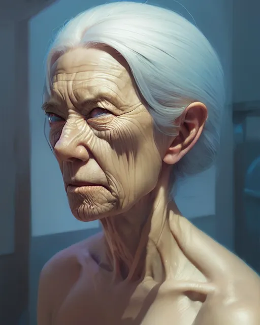 Prompt: highly detailed vfx portrait of, woman getting progressively older muscular by stephen bliss, chalk, unrealengine, greg rutkowski, loish, rhads, beeple, chalk, makoto shinkai and lois van baarle, ilya kuvshinov, rossdraws, tom bagshaw, basil gogos