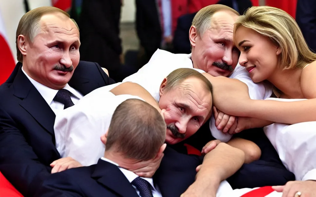 Prompt: lukashenko fall in love with putin romantic bed scene accidental shot by paparazzi