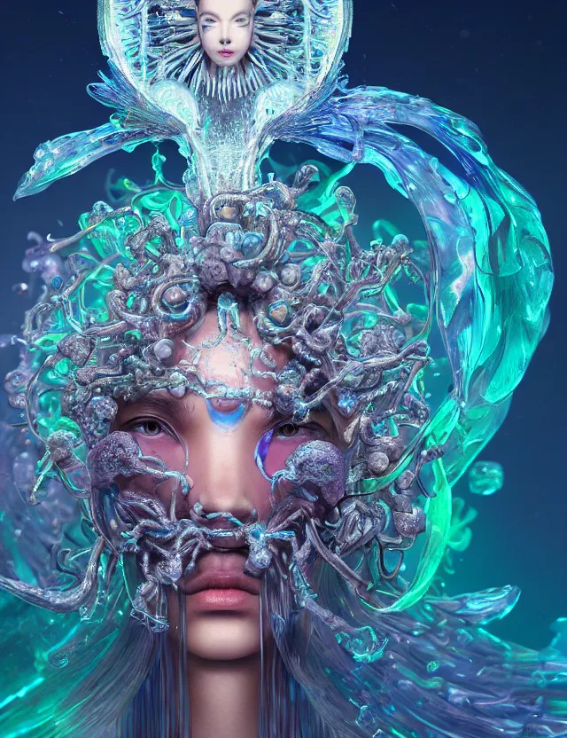 Image similar to goddess macro close - up portrait in crown made of ram skull. betta fish, jellyfish phoenix, bioluminiscent, plasma, ice, water, wind, creature, super intricate ornaments artwork by tooth wu and wlop and beeple and greg rutkowski