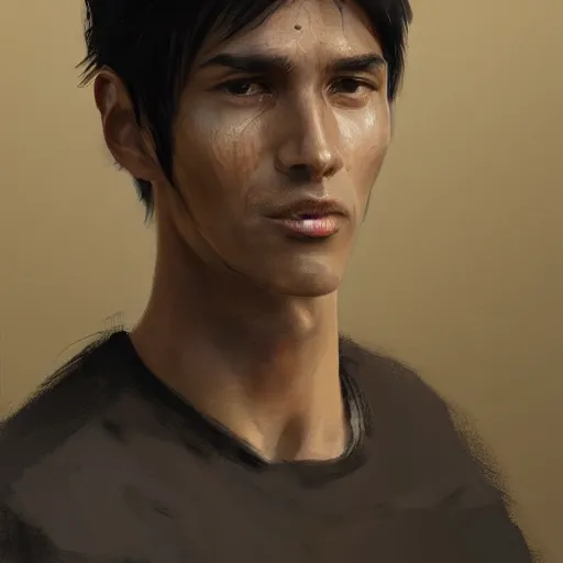 Prompt: portrait of a peruvian man by greg rutkowski, he is about 3 0 years old, short black hair with bangs, very tall and slender, he is wearing a beige and black utility jumpsuit, highly detailed portrait, digital painting, artstation, concept art, smooth, sharp focus ilustration, artstation hq