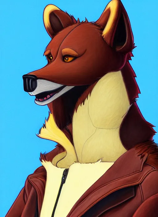 Image similar to expressive stylized master furry artist digital colored pencil painting full body portrait character study of the bear ( sergal ) small head fursona animal person wearing clothes leather bomber jacket pilot standing next to airplane by master furry artist blotch, sharp focus vintage disney animation style