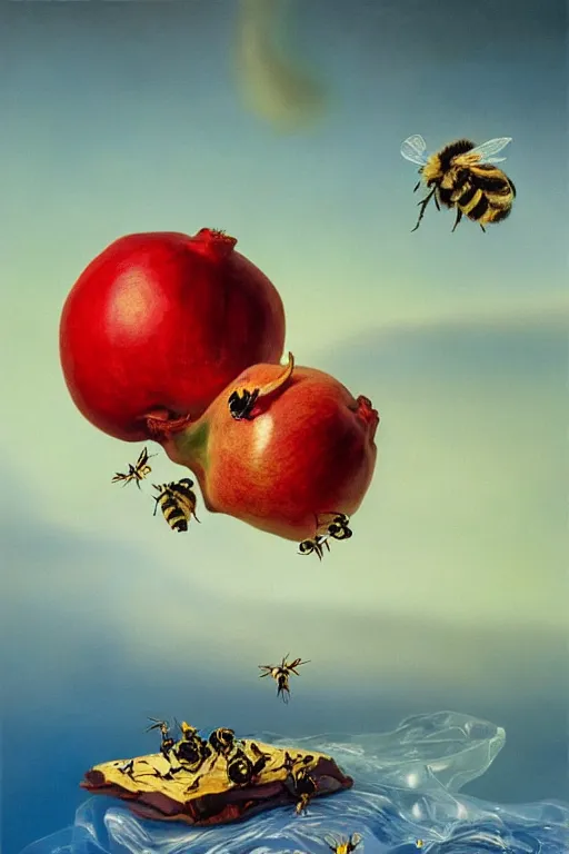 Image similar to a dream within a dream within a dream caused by the flight of a bee around a pomegranate a second before waking by salvador dali, hyperrealistic oil painting, trending on artstation, hyperdetailed, masterpiece