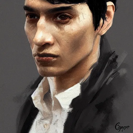 Image similar to portrait of a peruvian man by greg rutkowski, he is about 3 0 years old, short black hair with bangs, very tall and slender, he is wearing a beige and black utility jumpsuit, highly detailed portrait, digital painting, artstation, concept art, smooth, sharp focus ilustration, artstation hq