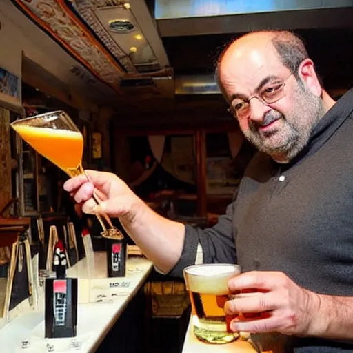 Prompt: salman rushdie pouring pints at his local