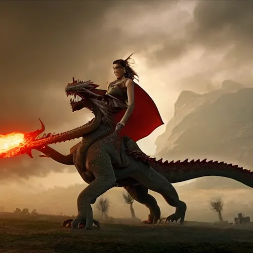 Prompt: female warrioR riding a dragon, with an army of a 1000 giants wite and red dragons behind it. cinematic unreal engine, 8K , live action.