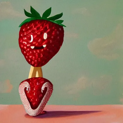 Prompt: a cute strawberry with two front teeth, holding a yellow toothbrush, in the style of debbie criswell