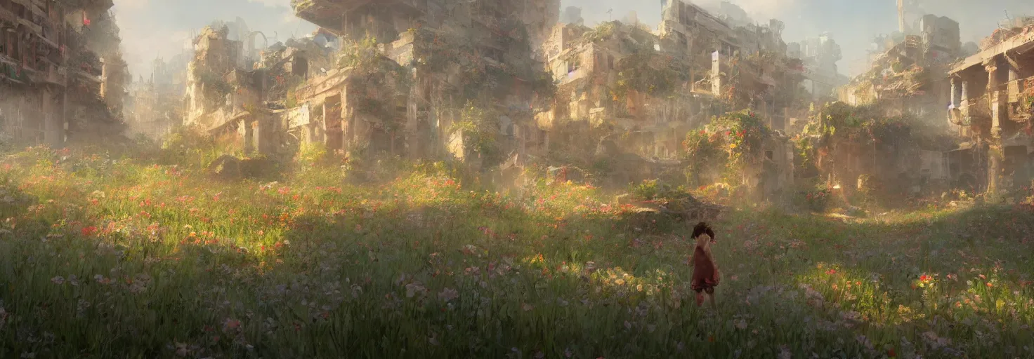 Prompt: a flower grows against the background of a ruined city, painting by Craig Mullins, octane rendering, soft morning lighting, wide angle lens, in the style of Hayao Miyazaki, trending on artstation,