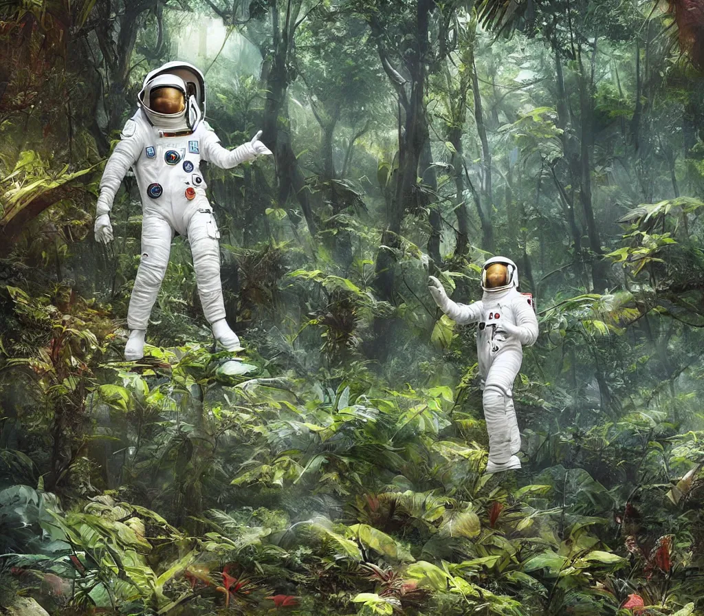 Prompt: modern scifi astronaut dressed in white suit is walking on the ground of a colorful tropical forest, dinosaurs in forest, style by blizzard concept artists