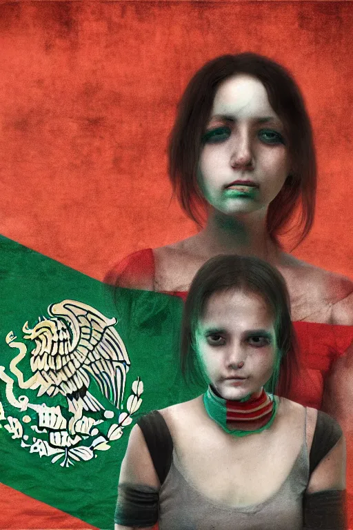 Image similar to cyberpunk girl in front of mexico flag in the style of remedios varo