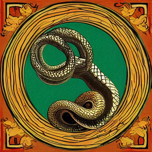 Prompt: ouroboros snake biting its own tail to make a circle, tinted colours, highly detailed head, famous painting in the style of Claude Monet,