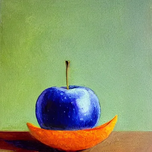 Prompt: a blue apple in a bowl of oranges