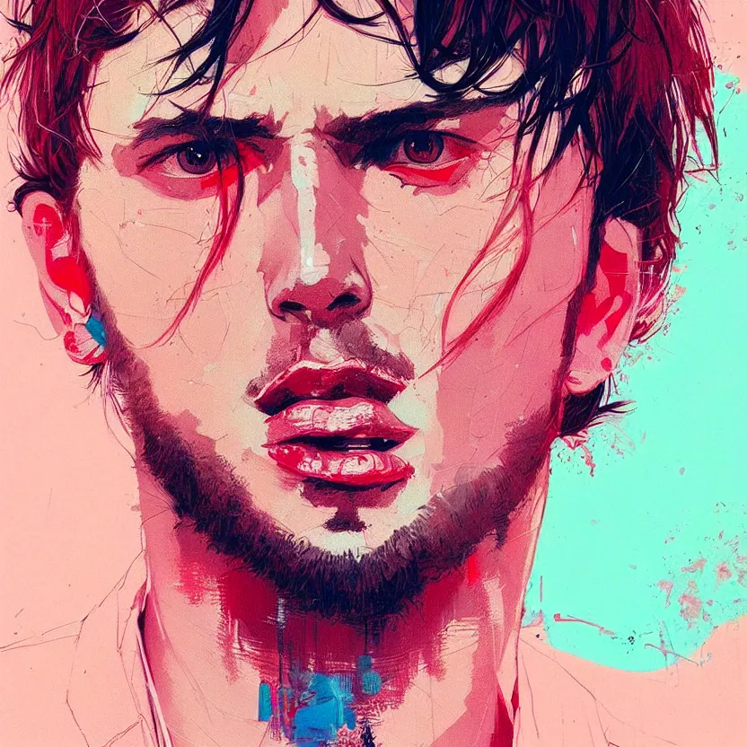 Image similar to close up portrait painting of a male musician in nineties street styling, concept art, intricate details, aesthetically pleasing pastel colors, art by conrad roset, impressionism, portrait