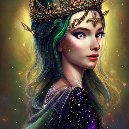 Image similar to detailed portrait of a fairy queen with wings wearing a silk robe, crown, pixie, iris, realism, emerald, galaxy, sapphire, moonlit, wearing a bejeweled face mask, dark fantasy, dramatic lighting, dreamlike, cgsociety, artstation