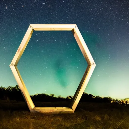 Prompt: a hexagonal portal in the dark night sky, realistic photography