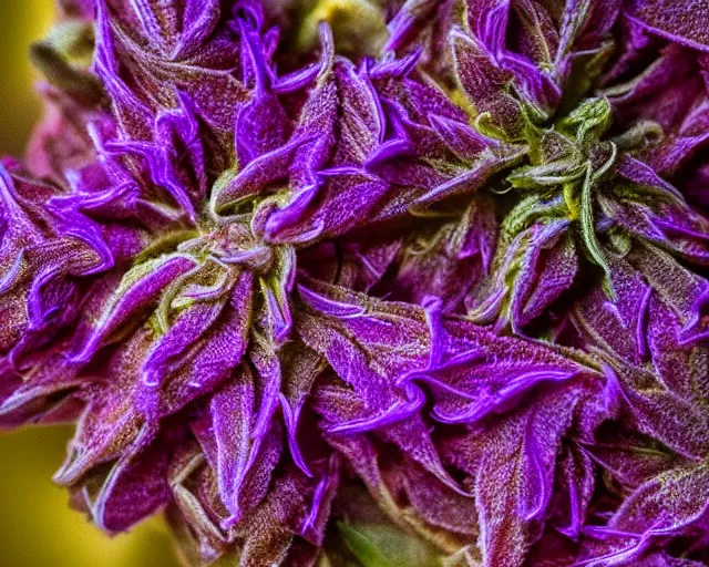 Image similar to beautiful marijuana flower with buds covered in glowing trichomes, extreme close - up highly - detailed macro photography, focus, centered, dslr in the style of high times and erik christiansen, cosmic background, bordered by glowing trichomes