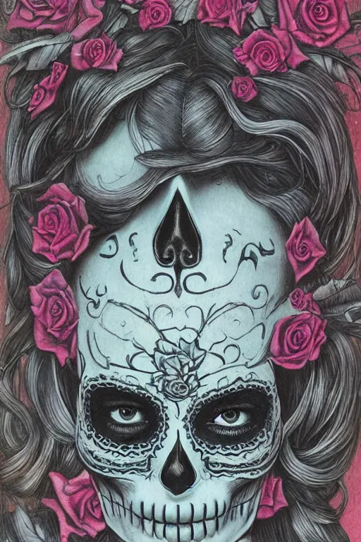 Image similar to Illustration of a sugar skull day of the dead girl, art by wayne barlowe