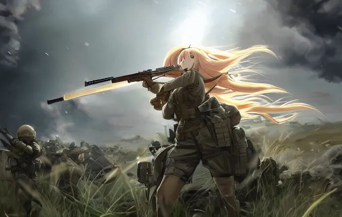 Prompt: soldier under heavy fire, squad, infantry girl, anime style, long hair, hair down, symmetrical facial features, explosions, wallpaper, from girls frontline, hyper realistic, pale skin, rule of thirds, extreme detail, 4 k, detailed drawing, trending artstation, realistic lighting, trading card, by alphonse mucha, greg rutkowski, sharp focus, backlit