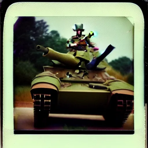 Prompt: polaroid photo of a person looking like donald trump as a soldier in vietnam, riding tank