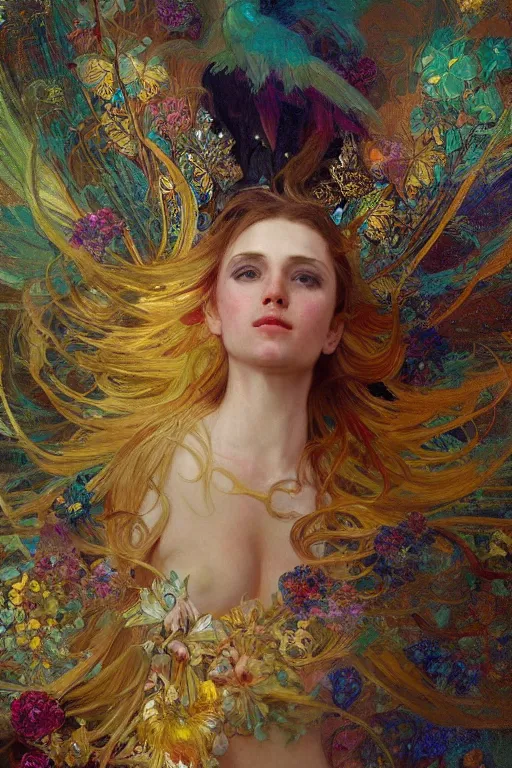 Prompt: a beautifull intricate painting of a disembodied soul wearing a feathered cloak surrounded by thin ornate golden tendrils, flowers, butterflies, flying silk, vivid colors, artstation, by jeremy mann, by alphonse mucha,