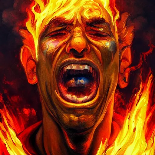 Prompt: a painting of a man with fire coming out of his mouth, shock art, apocalypse art, artstation hq