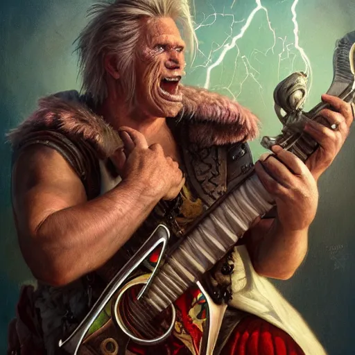 Image similar to detailed photo of a orc bard portrayed by gigachad Gary Busey playing a lute, 8k,by Tristan Eaton, Stanley Artgermm, Tom Bagshaw, Greg Rutkowski, Carne Griffiths, trending on DeviantArt, face enhance, hyper detailed ,full of color, dramatic lightning, epic stance