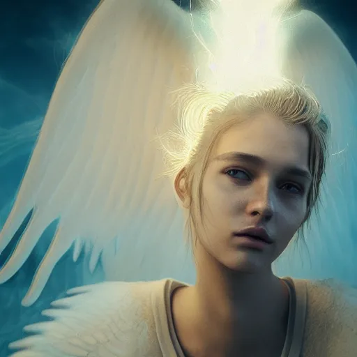 Image similar to portrait art of female angel, art by alessio albi 8 k ultra realistic, angel wings, lens flare, atmosphere, glow, detailed, intricate, full of colour, led lighting, trending on artstation, 4 k, hyperrealistic, focused, extreme details, unreal engine 5, masterpiece