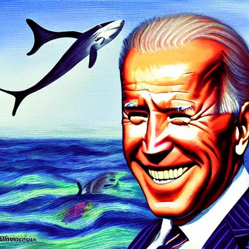 Image similar to joe biden sharkman, impressionism