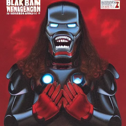 Image similar to Black Sabbath's Iron Man, man turned to steel, red eyes of vengeance