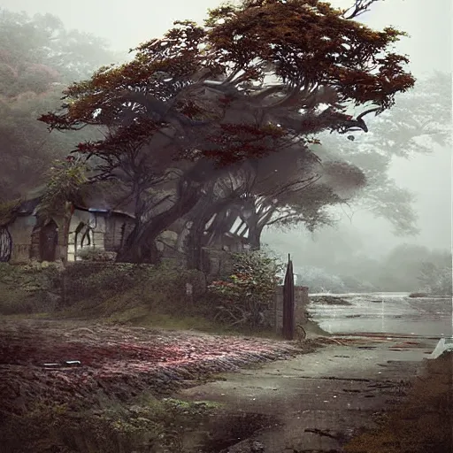 Image similar to walking around dilapidated!! abandoned ikeshima island, nagasaki, japan. volumetric lighting, foggy, spring evening, dark overcast weather, realistic illustration, perfectly shaded, ( golden hour ) soft painting, art by krenz cushart and wenjun lin